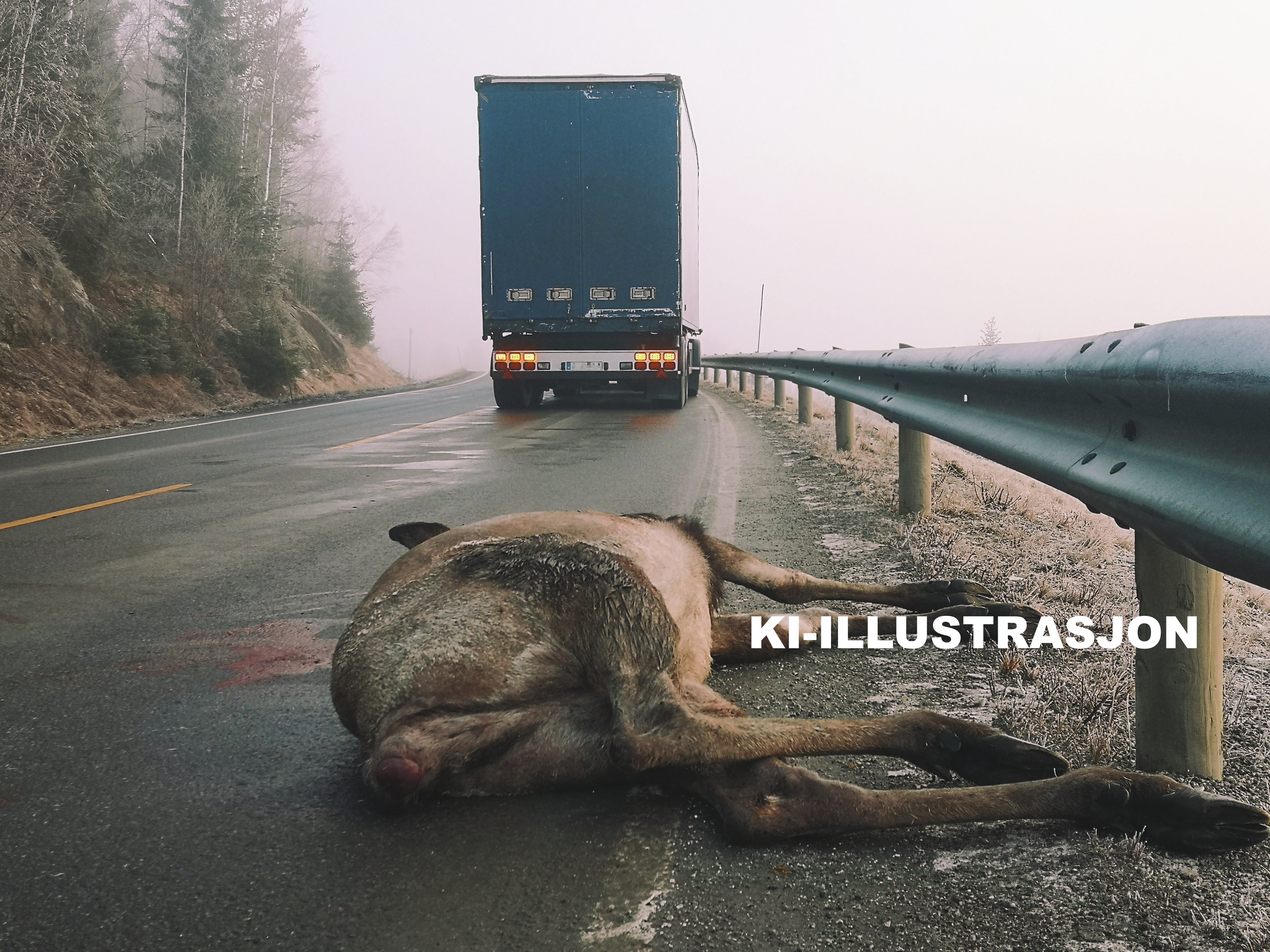 En død elg og lastebil KI illustrasjon